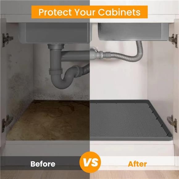 Under Sink Mat for [34" x 22"] Cabinet, Silicone Waterproof Mat, Grey) - Picture 2 of 7
